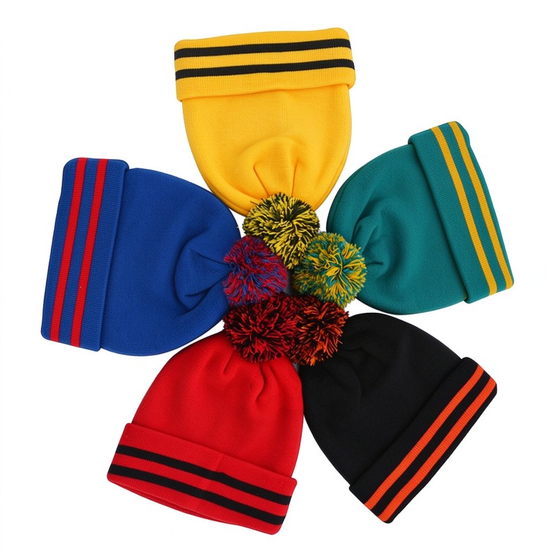 Striped Pom Pom Beanie Hat
